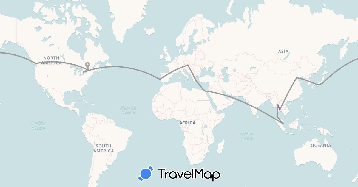 TravelMap itinerary: driving, plane, train in United Arab Emirates, Austria, Canada, China, Egypt, Greece, Japan, Singapore, Thailand (Africa, Asia, Europe, North America)